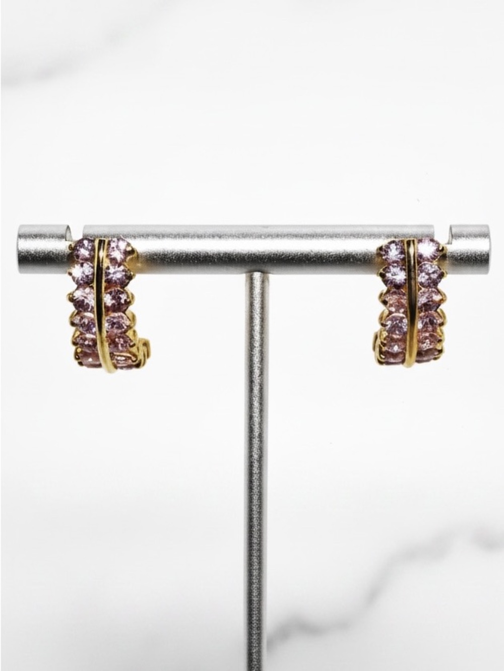 Gold Over Sterling Silver Pink Cubic Zirconia J-Hoop Earrings 36 Stones NWT